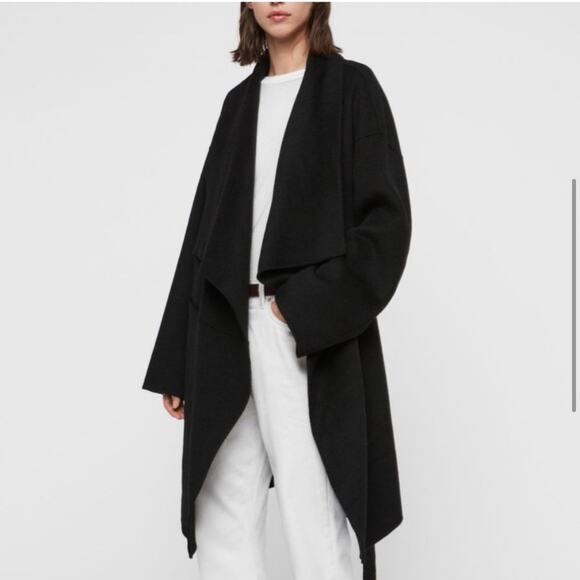 All Saints Black Adalee Wool Wrap Coat - Picture 1 of 5